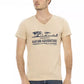 Beige V-Neck Tee with Elegant Front Print