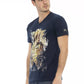 Chic Blue V-Neck Tee with Elegant Front Print