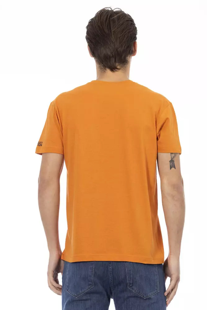 Vibrant Orange V-Neck Tee with Elegant Print