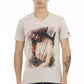 Beige V-Neck Tee with Front Print