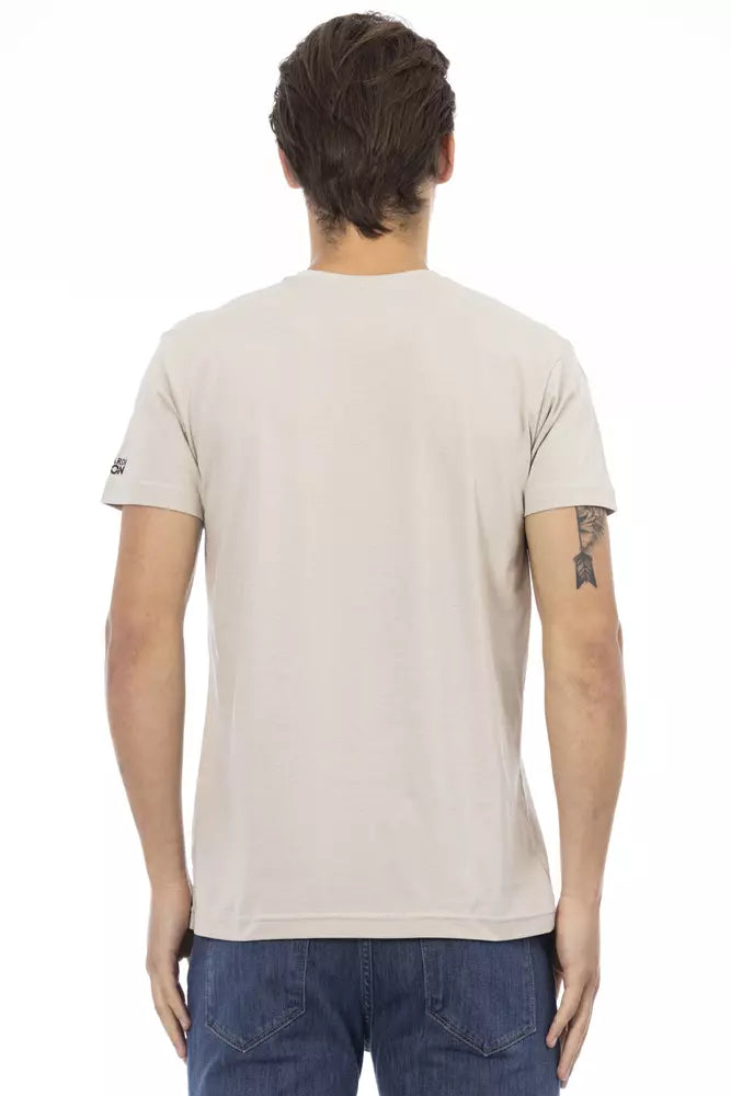 Beige V-Neck Tee with Front Print