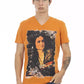 Vibrant Orange V-Neck Tee with Sleek Print
