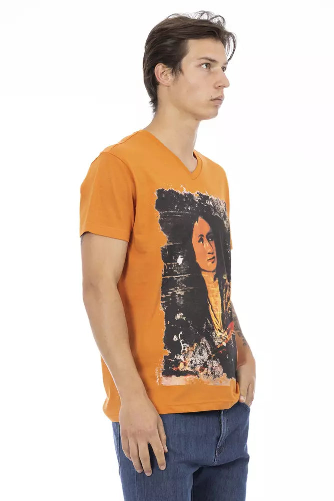 Vibrant Orange V-Neck Tee with Sleek Print