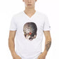 Elegant White V-Neck Tee with Sleek Print