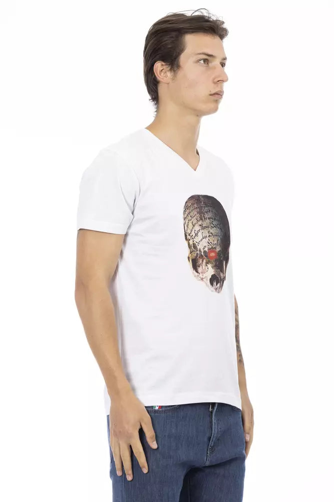 Elegant White V-Neck Tee with Sleek Print