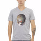 V-Neck Front Print Short Sleeve Tee - Elegant Gray