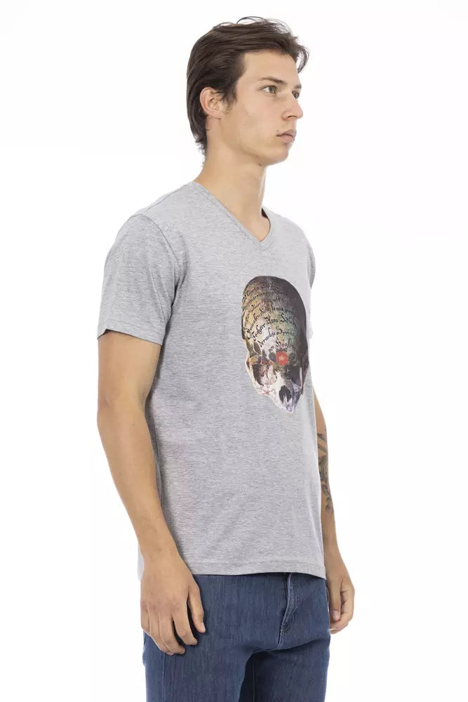 V-Neck Front Print Short Sleeve Tee - Elegant Gray