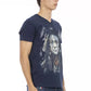 Chic Blue V-Neck Tee with Bold Front Print