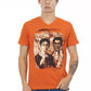 Orange V-Neck Tee with Graphic Charm