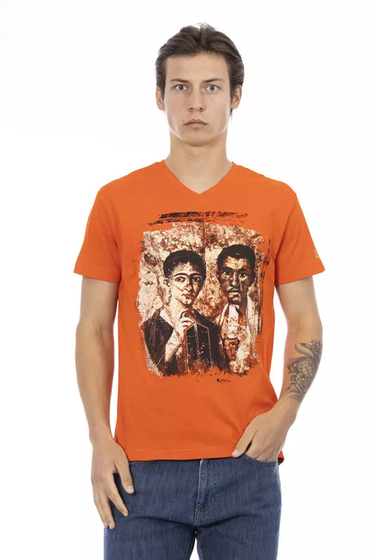 Orange V-Neck Tee with Graphic Charm