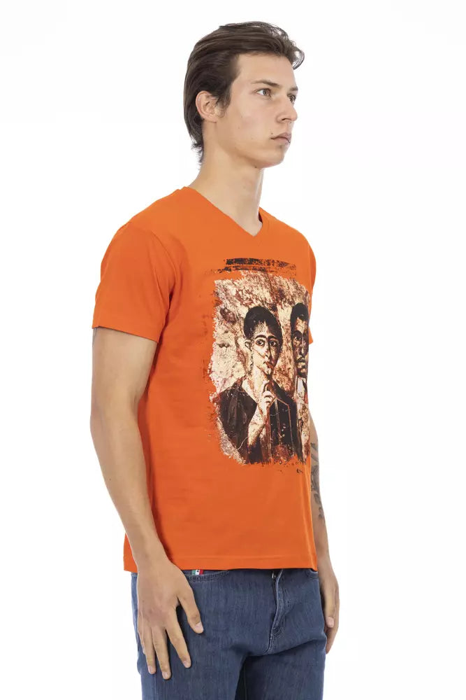 Orange V-Neck Tee with Graphic Charm