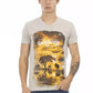 Beige V-Neck Tee with Elegant Front Print