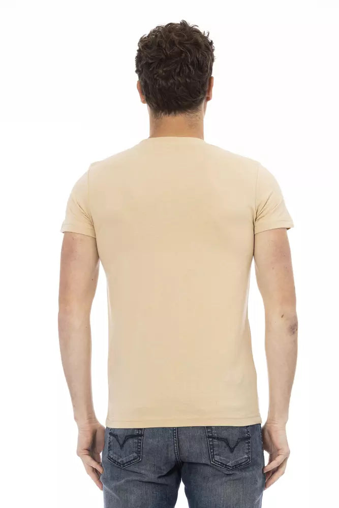 Elegant Beige Round Neck Tee with Chic Print