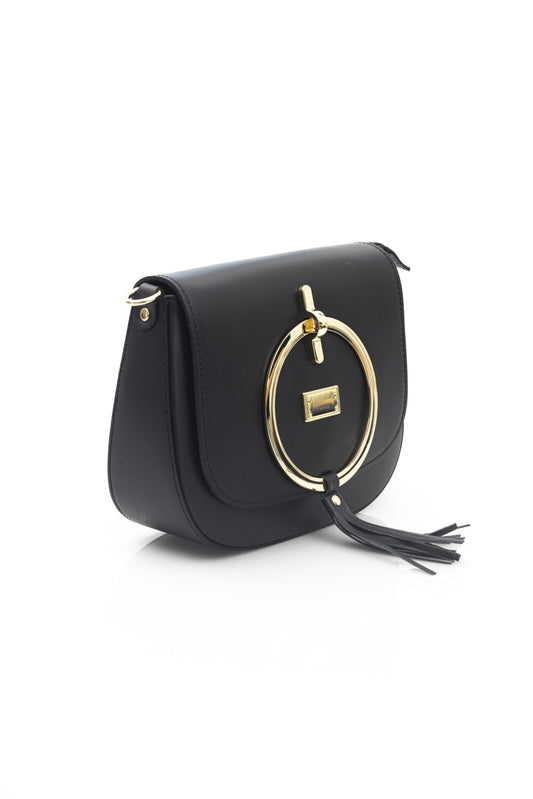 Elegant Black Leather Shoulder Bag with Golden Accents