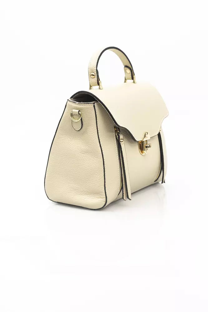 Elegant Beige Leather Shoulder Bag with Golden Accents