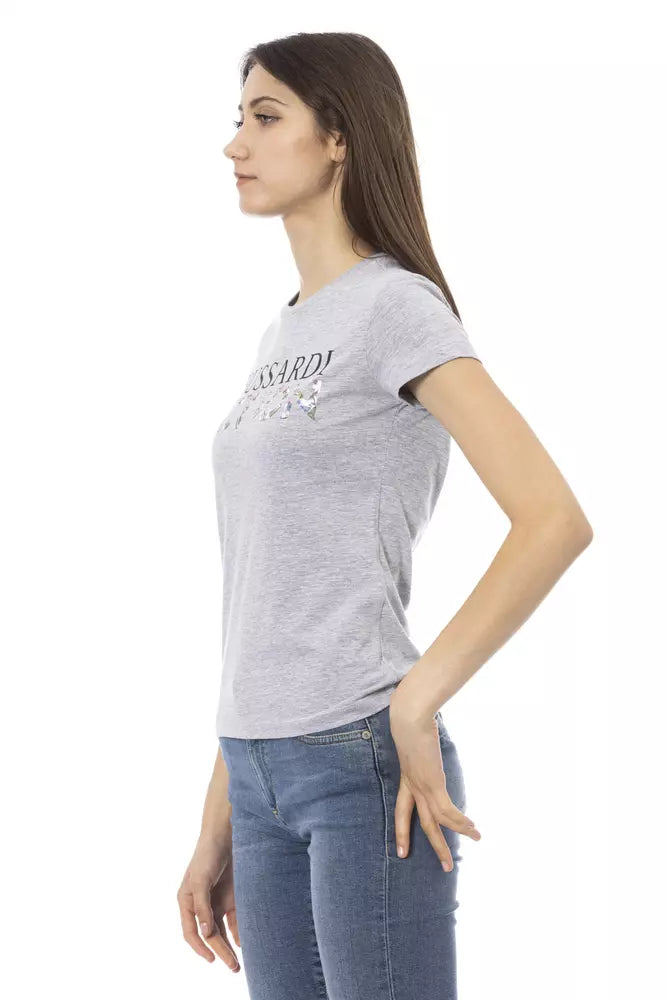 Chic Gray Round Neck Tee with Front Print