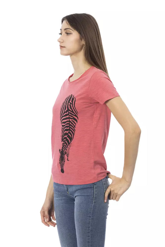 Elegant Pink Round Neck Tee with Chic Front Print