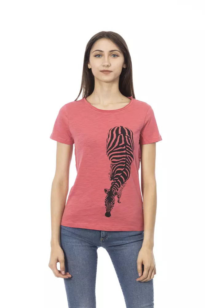 Elegant Pink Round Neck Tee with Chic Front Print