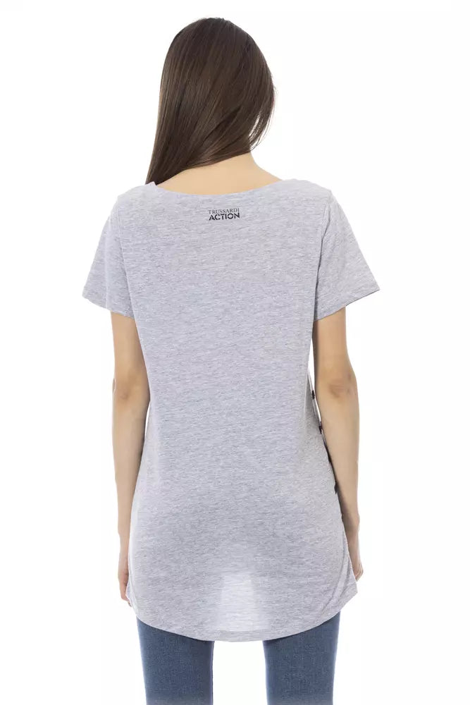 Chic Gray Round Neck Tee with Unique Print