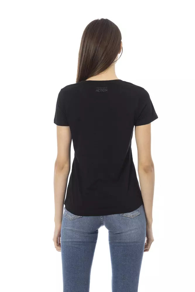 Chic Black Cotton Blend Tee with Unique Front Print