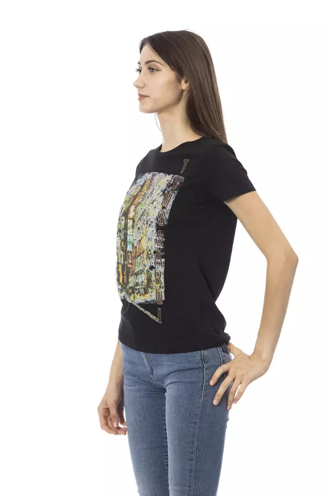 Chic Black Cotton Blend Tee with Unique Front Print