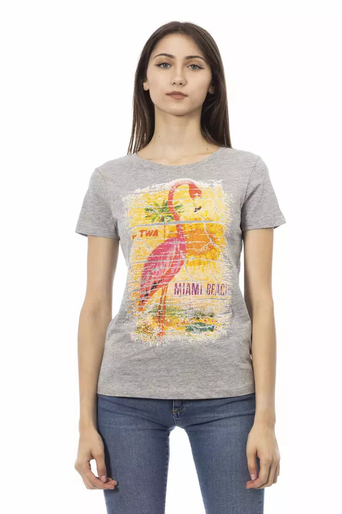 Chic Gray Cotton Blend Tee with Artistic Print