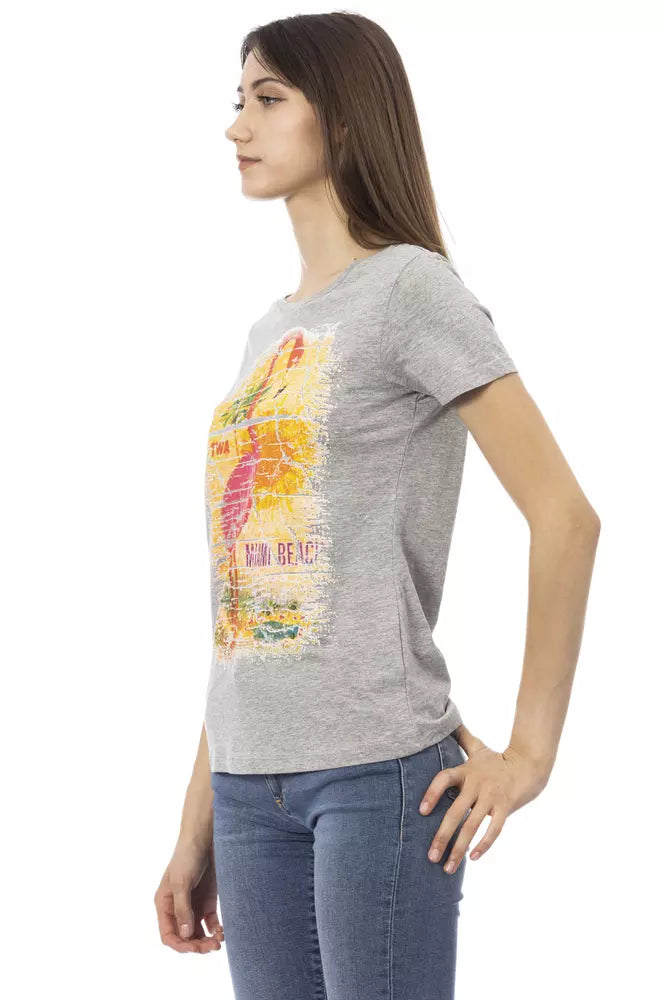 Chic Gray Cotton Blend Tee with Artistic Print