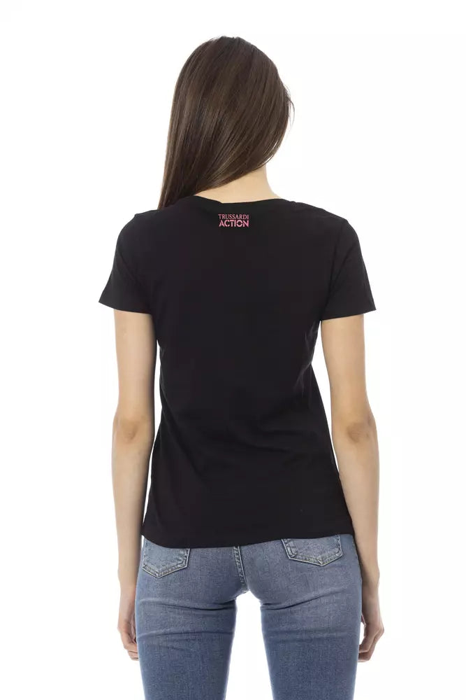 Chic Black Round Neck Tee with Front Print