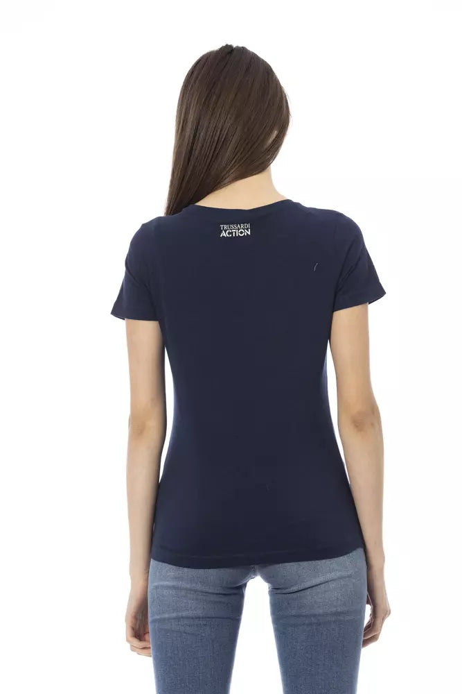 Chic Blue Casual Tee with Artistic Front Print