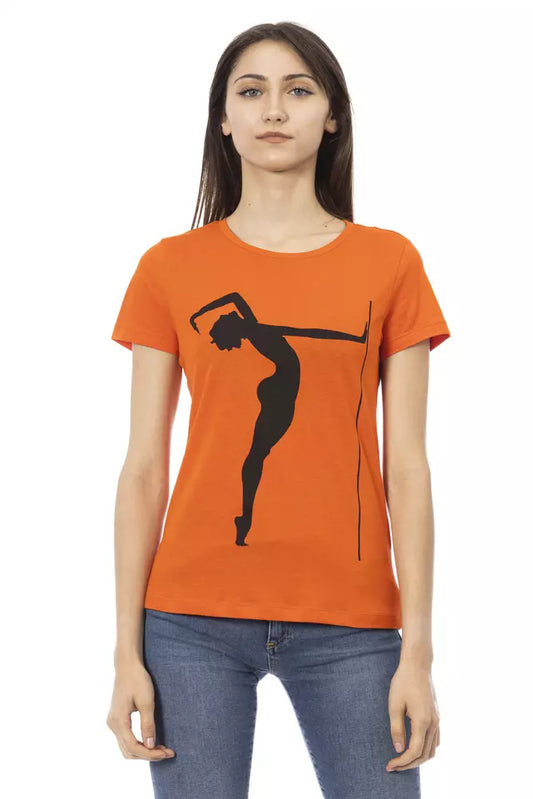 Chic Orange Round Neck Tee with Front Print