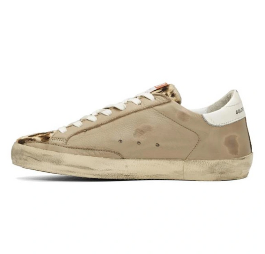 Tan Leopard Distressed Superstar Sneakers