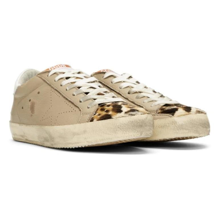 Tan Leopard Distressed Superstar Sneakers