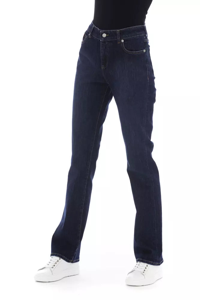 Chic Blue Cotton Blend Jeans with Tricolor Detail