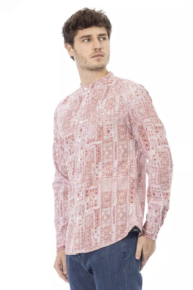 Elegant Crimson Mandarin Collar Shirt