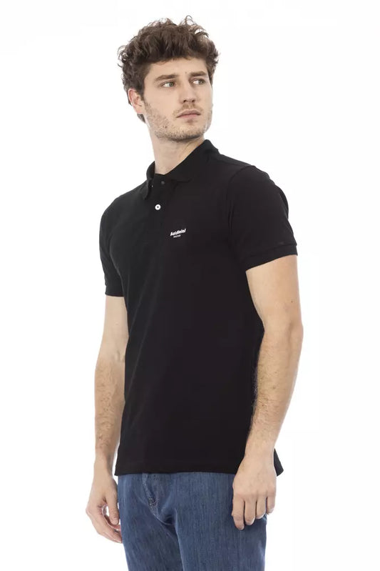 Elegant Black Cotton Polo with Front Embroidery