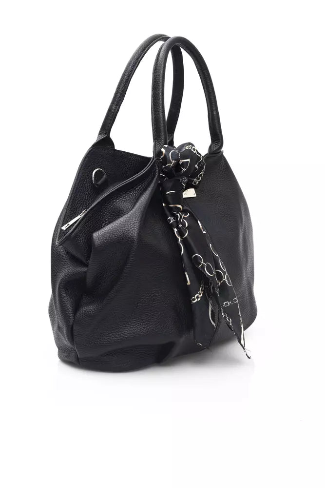 Elegant Black Leather Shoulder Bag with Ribbon Detail