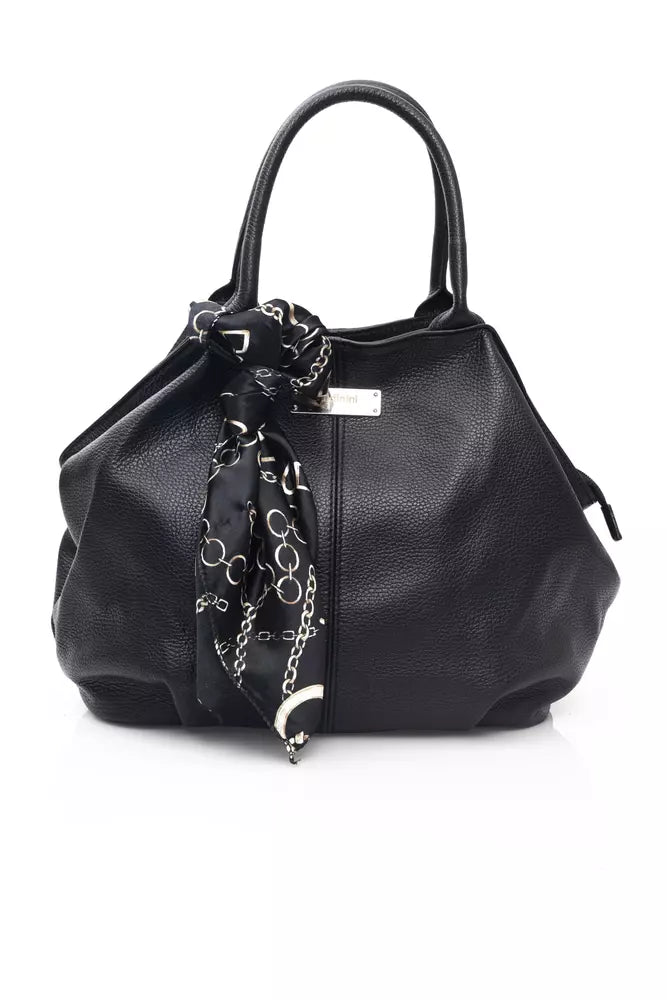 Elegant Black Leather Shoulder Bag with Ribbon Detail