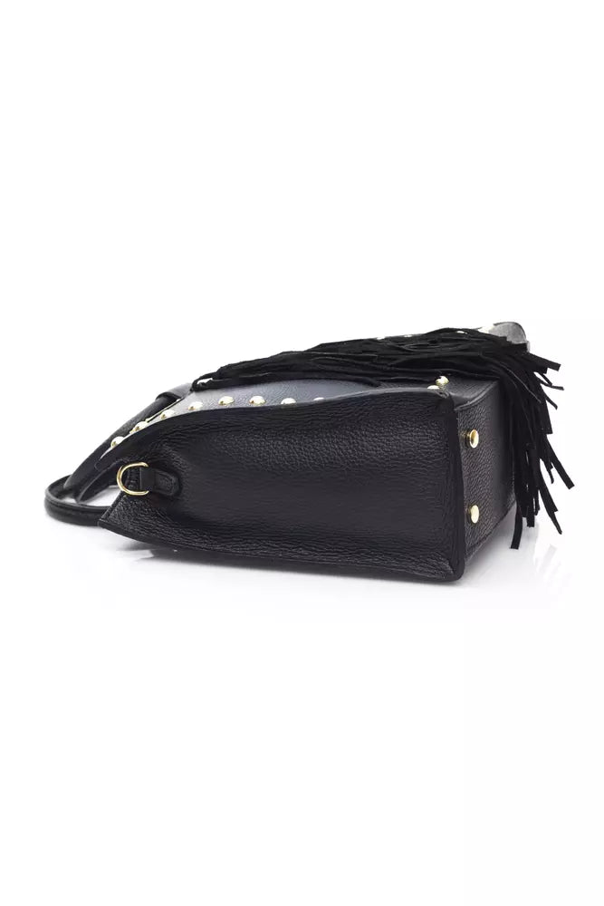 Elegant Black Leather Shoulder Bag with Golden Accents