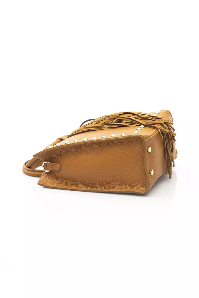 Beige Leather Tassel Shoulder Bag - Golden Accents