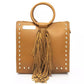 Beige Leather Tassel Shoulder Bag - Golden Accents