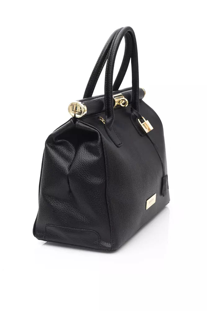 Elegant Black Leather Shoulder Bag with Golden Accents