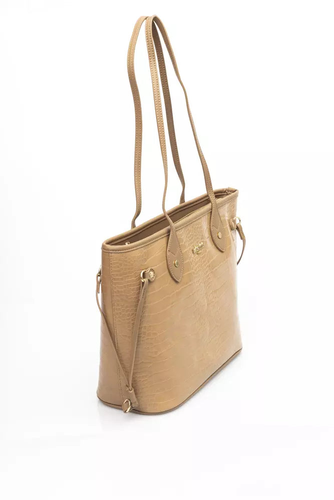 Elegant Beige Shoulder Bag with Golden Accents