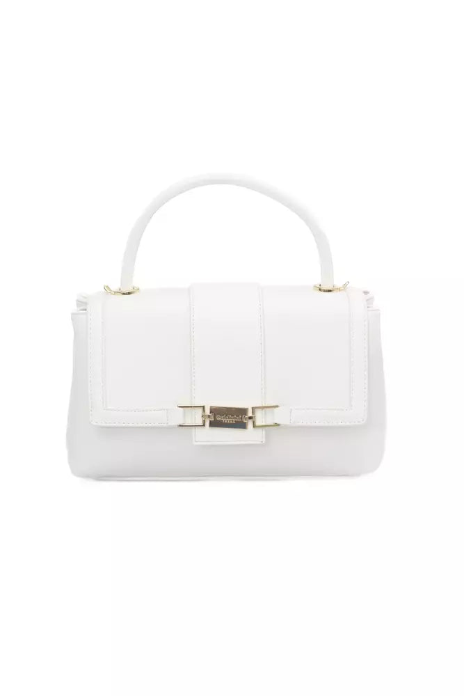 Elegant White Shoulder Flap Bag with Golden Accents