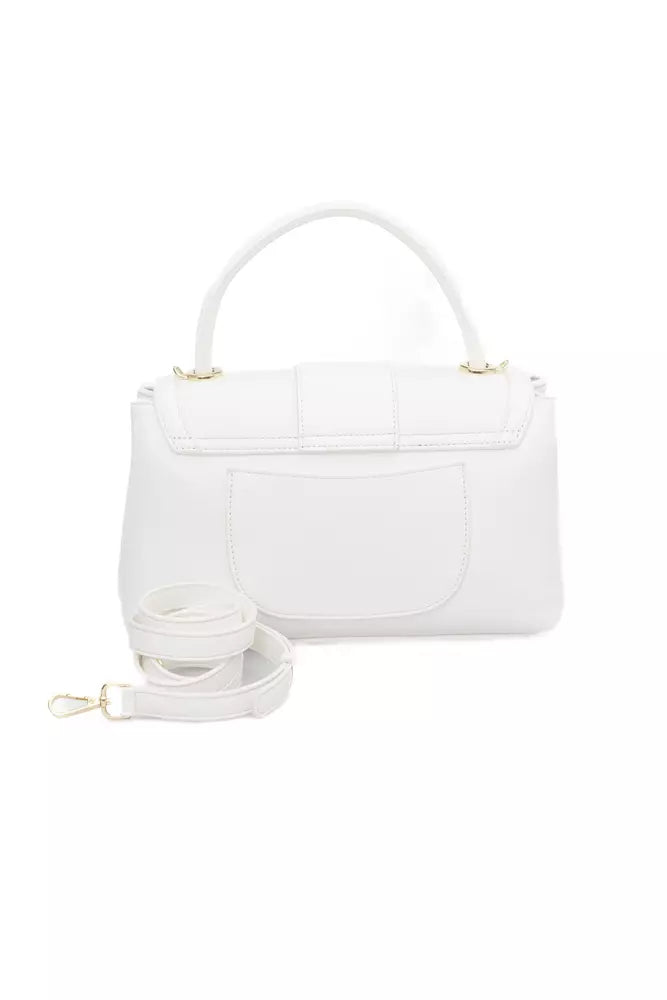 Elegant White Shoulder Flap Bag with Golden Accents