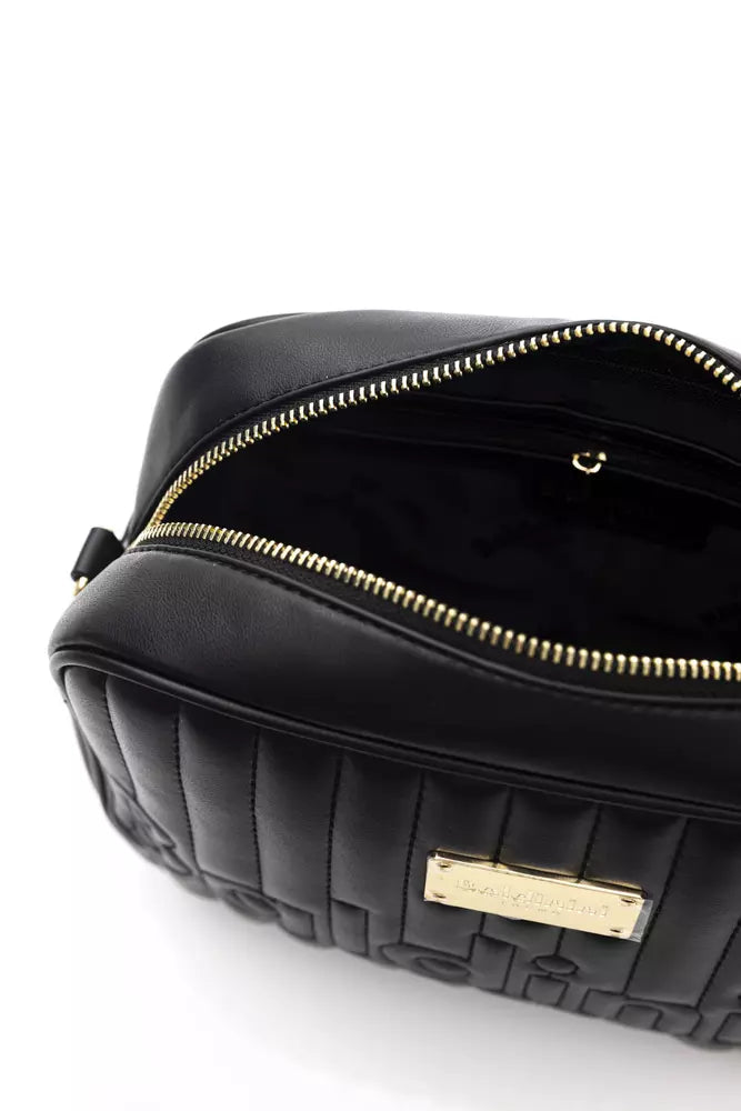 Elegant Black Zip Shoulder Bag with Golden Accents