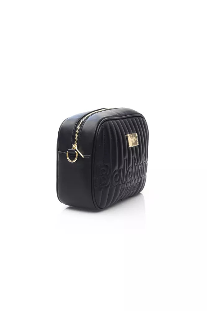 Elegant Black Zip Shoulder Bag with Golden Accents