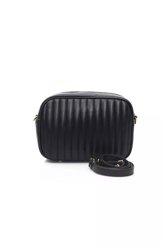 Elegant Black Zip Shoulder Bag with Golden Accents