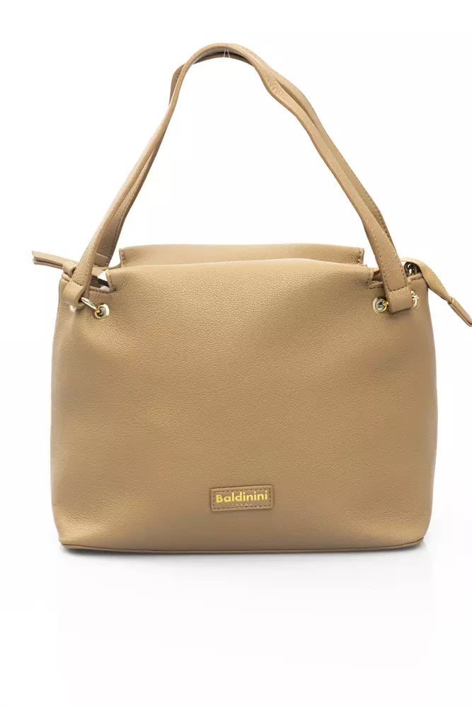 Beige Zip Shoulder Bag with Golden Details