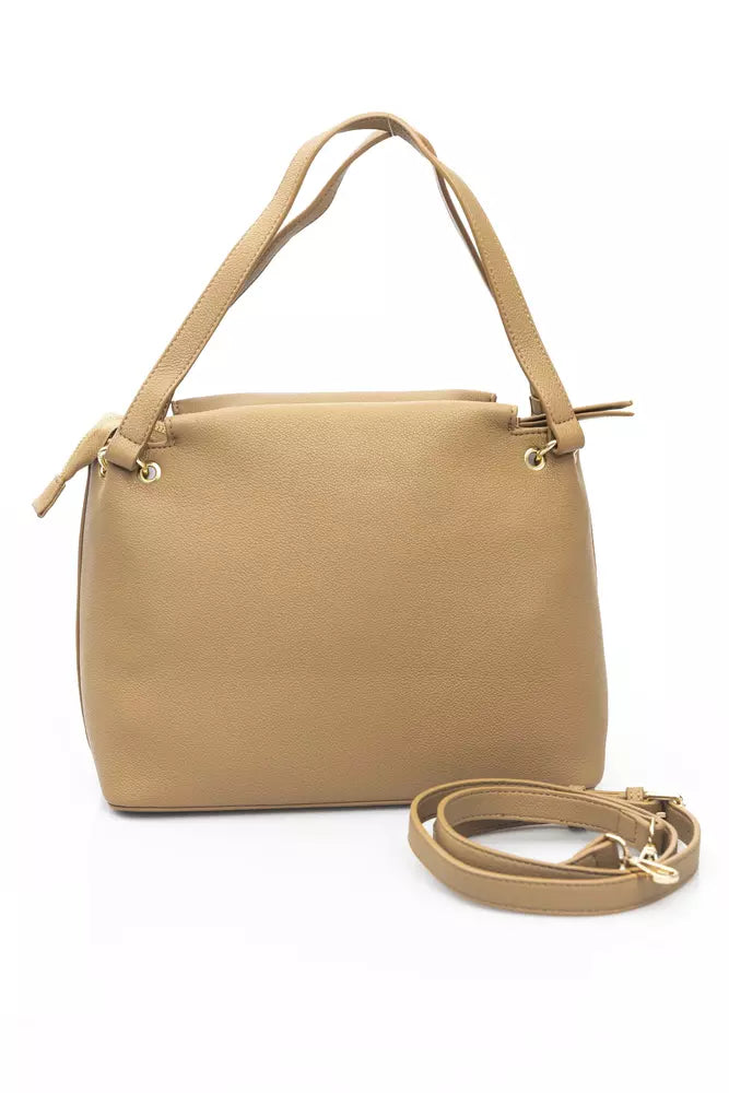 Beige Zip Shoulder Bag with Golden Details