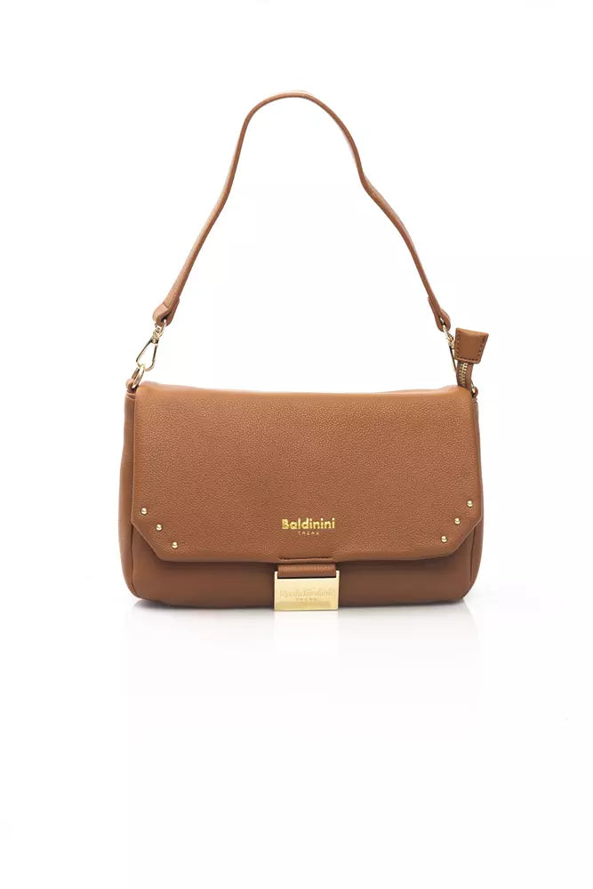 Elegant Brown Shoulder Flap Bag with Golden Accents